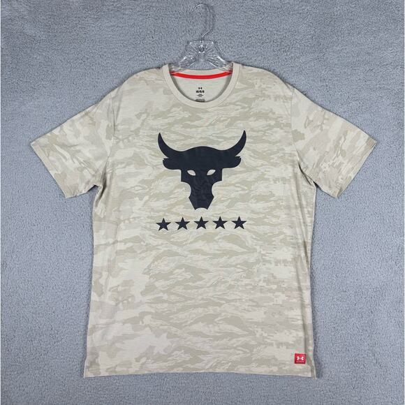 Under Armour Project Rock T-shirt Men’s Large Beige Camo Veterans Army Gym - Picture 1 of 9